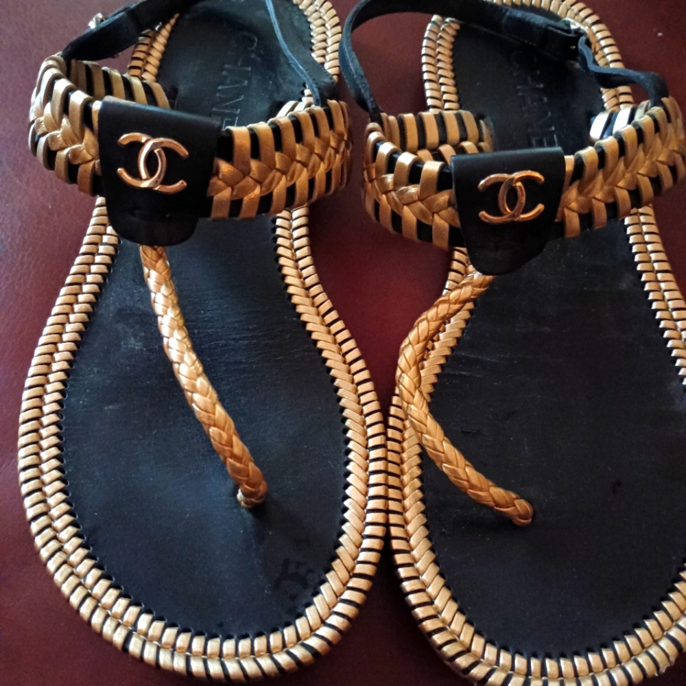 Chanel Black and Gold Women's Sandals